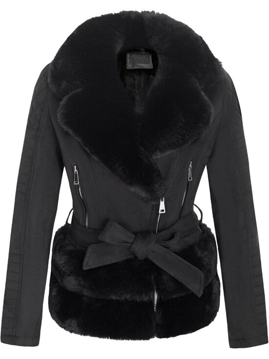 Jackets & Blazers - Womens Black Polyester Faux Motorcycle Stylish Removable Fur Collar Jacket